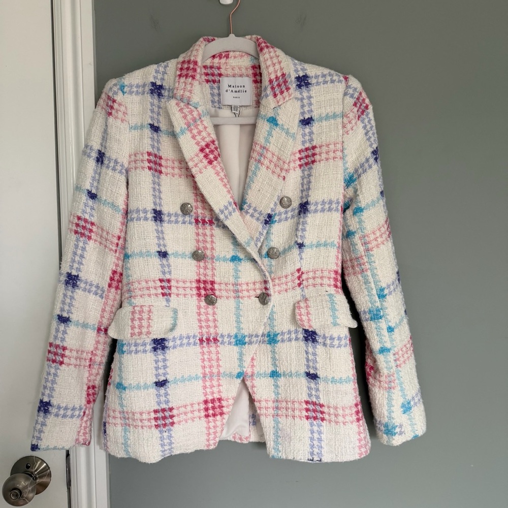 Maison D'Amelie Pastel Tweed Double Breasted Jacket - White, Purple, Pink, Blue